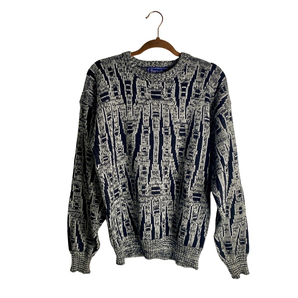 VTG 80s Barnaby Geometric Granpacore Knit Sweater Mens Black White Y2K Cabincore